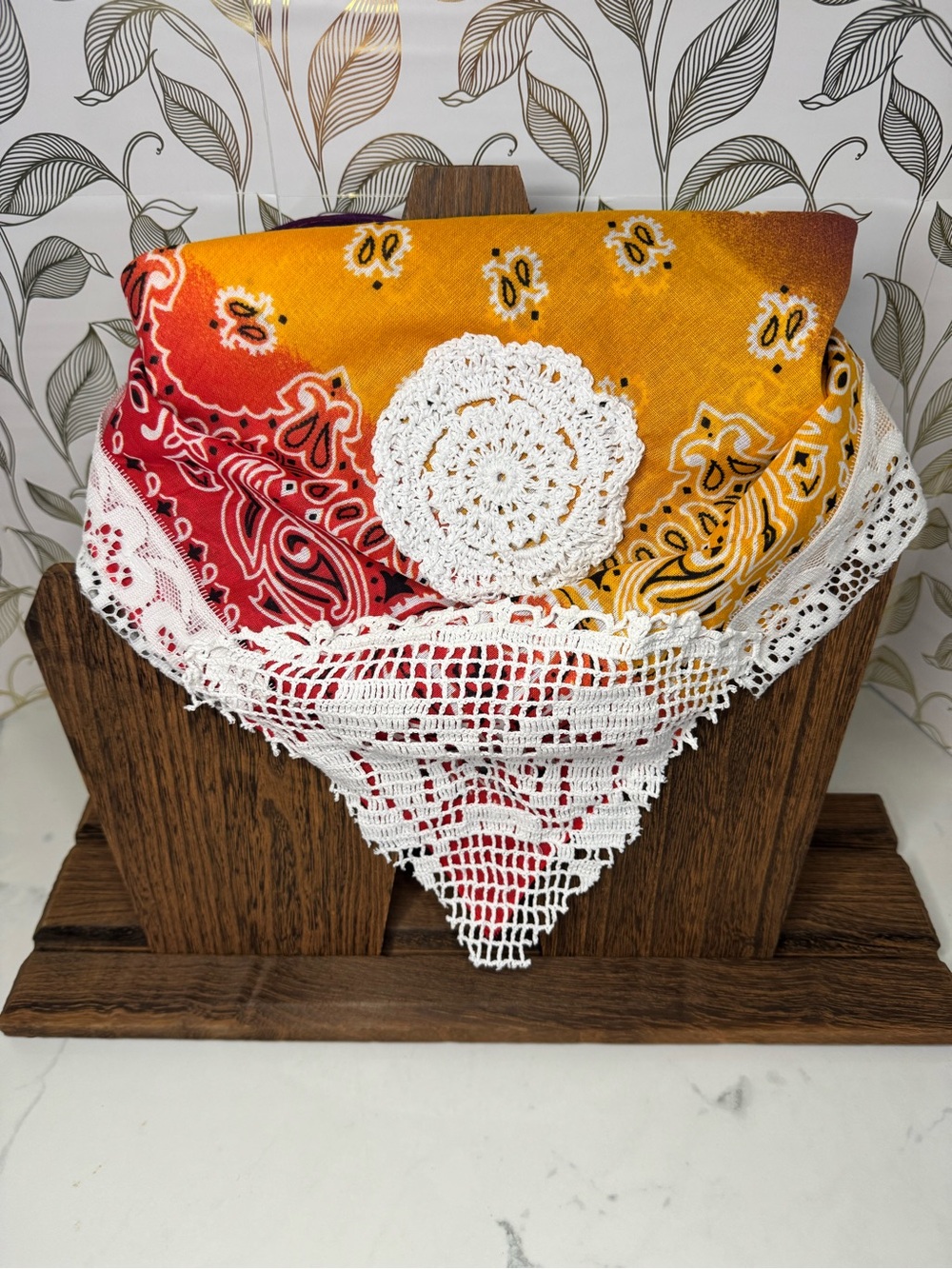 Vintage-Inspired Up-cycled Red & Yellow Bandana Scarf with White Crochet Trim
